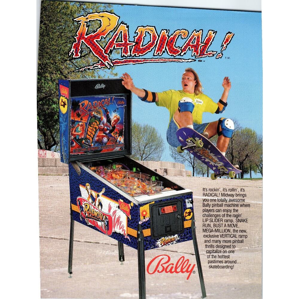 Bally Radical Pinball Machine Arcade Game 1990 Skateboarding Theme Original